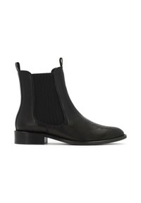 Bocanci Chelsea negri cu panouri laterale elastice, superior din piele netedă, vârf rotunjit, perforații decorative și toc mic.