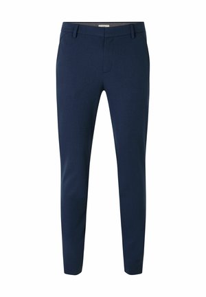 Marineblaue Slim-Fit-Hose mit Gürtelschlaufen, Frontreißverschluss und Taschen, entworfen für formelle oder geschäftliche Kleidung.