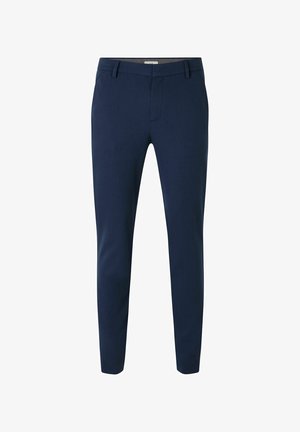 Marineblaue Slim-Fit-Hose mit Gürtelschlaufen, Frontreißverschluss und Taschen, entworfen für formelle oder geschäftliche Kleidung.