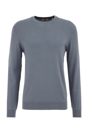 Modrá pletená mikina s dlhými rukávmi, okrúhlym výstrihom a rebrovanými manžetami a lemom. Hladká textúra s jednoduchým dizajnom.