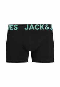 Boxer negros con diseño ajustado, con una amplia cintura elástica turquesa que muestra "JACK & JONES" en letras gruesas.