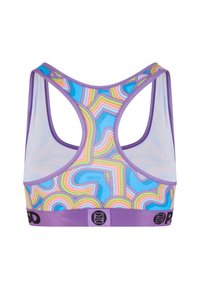 Soutien-gorge de sport avec un motif multicoloré aux lignes tourbillonnantes en bleu, rose, jaune et vert ; doté d'un dos en maille légère et d'une bande violette.