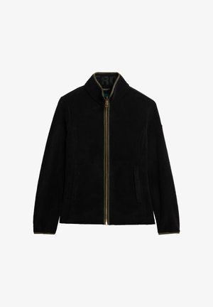 Veste noire avec col montant, fermeture éclair dorée et deux poches latérales. Tissu doux avec une texture lisse et une bordure intérieure verte contrastante.