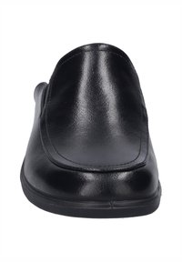 Black leather loafers with a smooth texture, rounded toe, and minimal stitching details. Flat rubber sole provides stability.