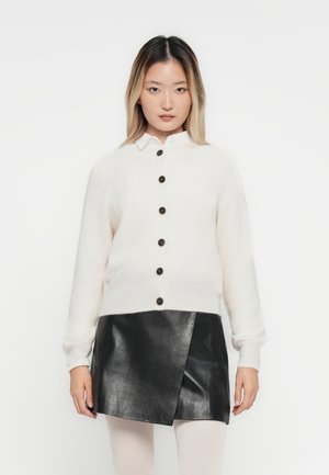 Vrouw in een witte knooptrui over een blouse met kraag en een zwarte leren minirok, staande tegen een effen witte achtergrond.