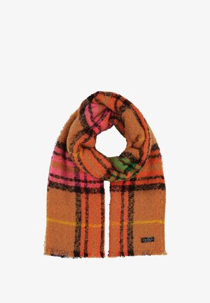 Uld tørklæde med en varm orange base, der har et flerfarvet ternet mønster i pink, grøn og sort. Frynset kanter og et logo mærkat.