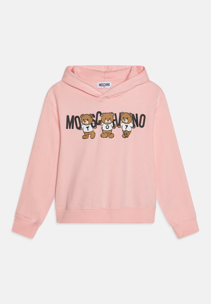 Roosa kapuutsiga dress, millel on känguru-taskud, kolmes karu graafikas ja "MOSCHINO" tekst mustas ja pruunis. Pehme kangas, mugav lõige.