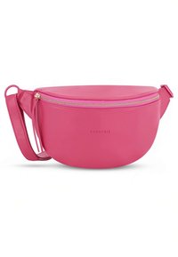 Borsa a tracolla in pelle rosa con design arrotondato, dotata di cerniera dorata e tracolla regolabile, logo impresso sul davanti.