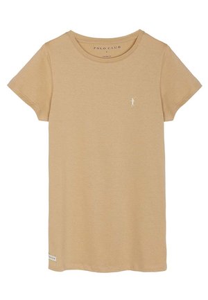 T-shirt beige in cotone a manica corta con scollo rotondo, piccolo logo bianco Polo Club sul petto sinistro e etichetta del marchio vicino all'orlo.