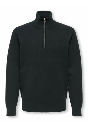 Pull en maille vert foncé avec un col montant et une fermeture éclair demi-longueur. Texture côtelée et manches longues, avec un ourlet ajusté.