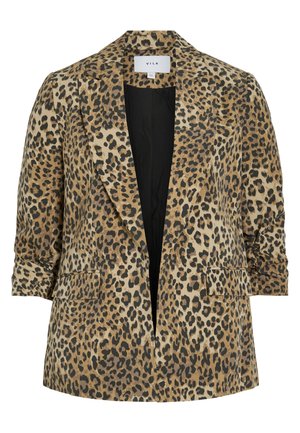 Blazer con stampa leopardata caratterizzato da un design a doppio petto, rever a punta, due tasche frontali e una texture liscia nei toni del beige e del nero.