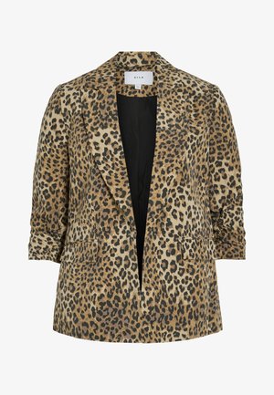 Leopard-print blazer featuring a single-breasted design, peaked lapels, two front pockets, and a smooth texture in shades of tan and black.
