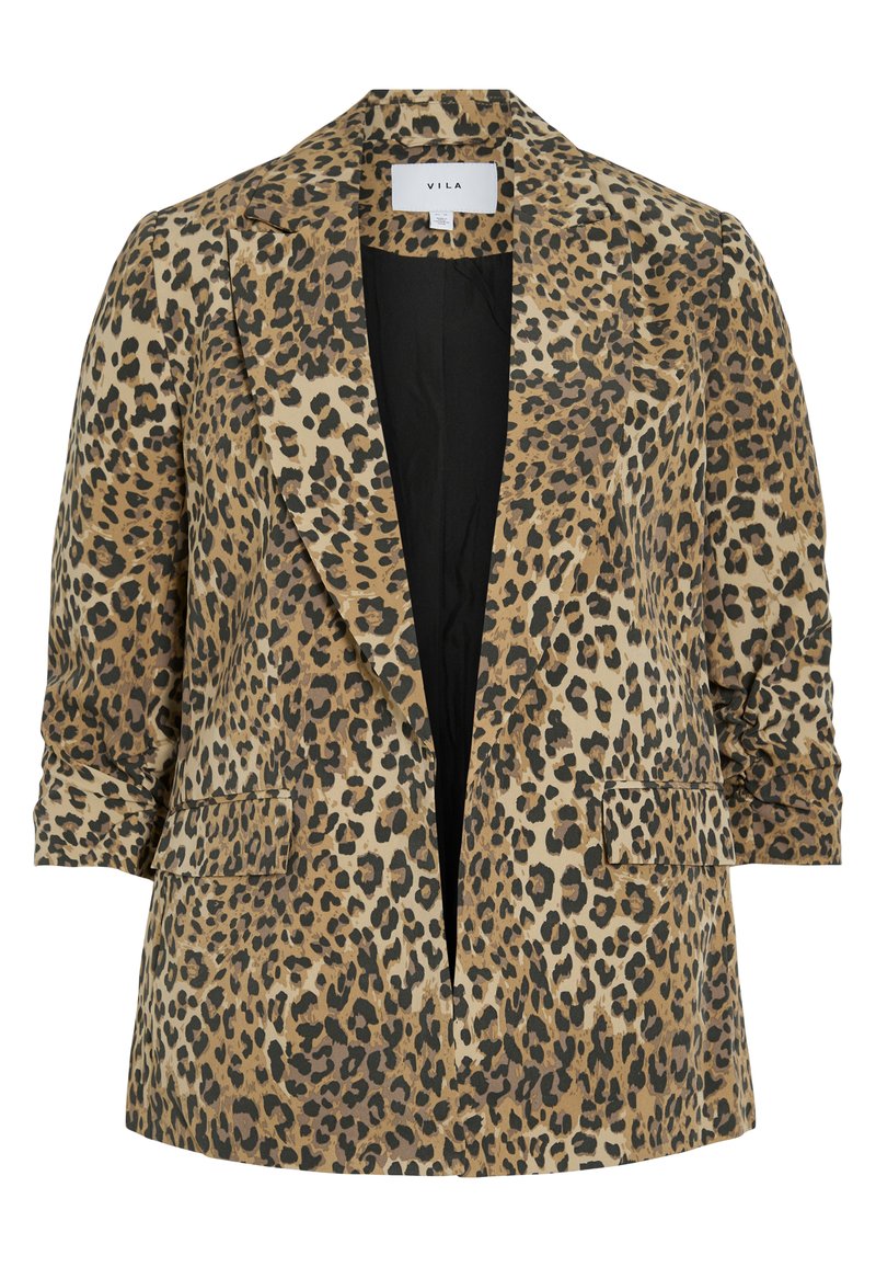 Leopardenmuster-Blazer mit einem einreihigen Design, Reverskragen, zwei Vorderaschen und einer glatten Textur in Brauntönen und Schwarz.