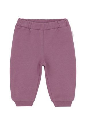 Lavendel katoenen joggers met een elastische tailleband, taps toelopende manchetten en een gladde textuur. Heeft een klein label op de zijnaad.