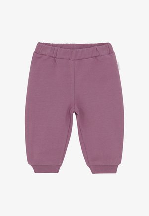 Lavendel katoenen joggers met een elastische tailleband, taps toelopende manchetten en een gladde textuur. Heeft een klein label op de zijnaad.