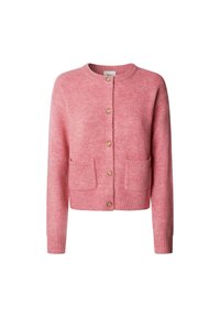 Roze cardigan gemaakt van textuurstof, met een ronde hals, knoopsluiting, twee voorzakken en ribgebreide manchetten en zoom.
