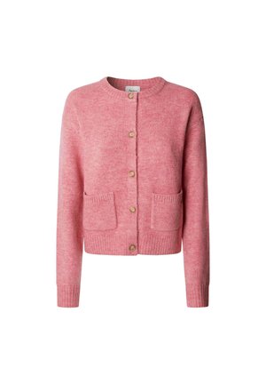 Roze cardigan gemaakt van textuurstof, met een ronde hals, knoopsluiting, twee voorzakken en ribgebreide manchetten en zoom.