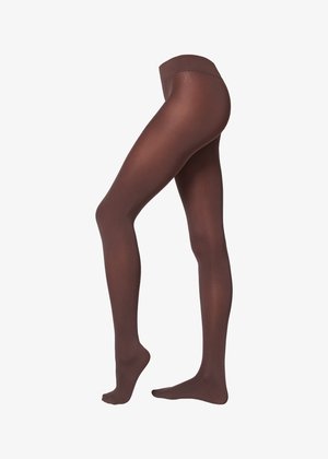 Opaque brown tights with a solid waistband, smooth texture, and a fitted design covering the leg from toe to waist.