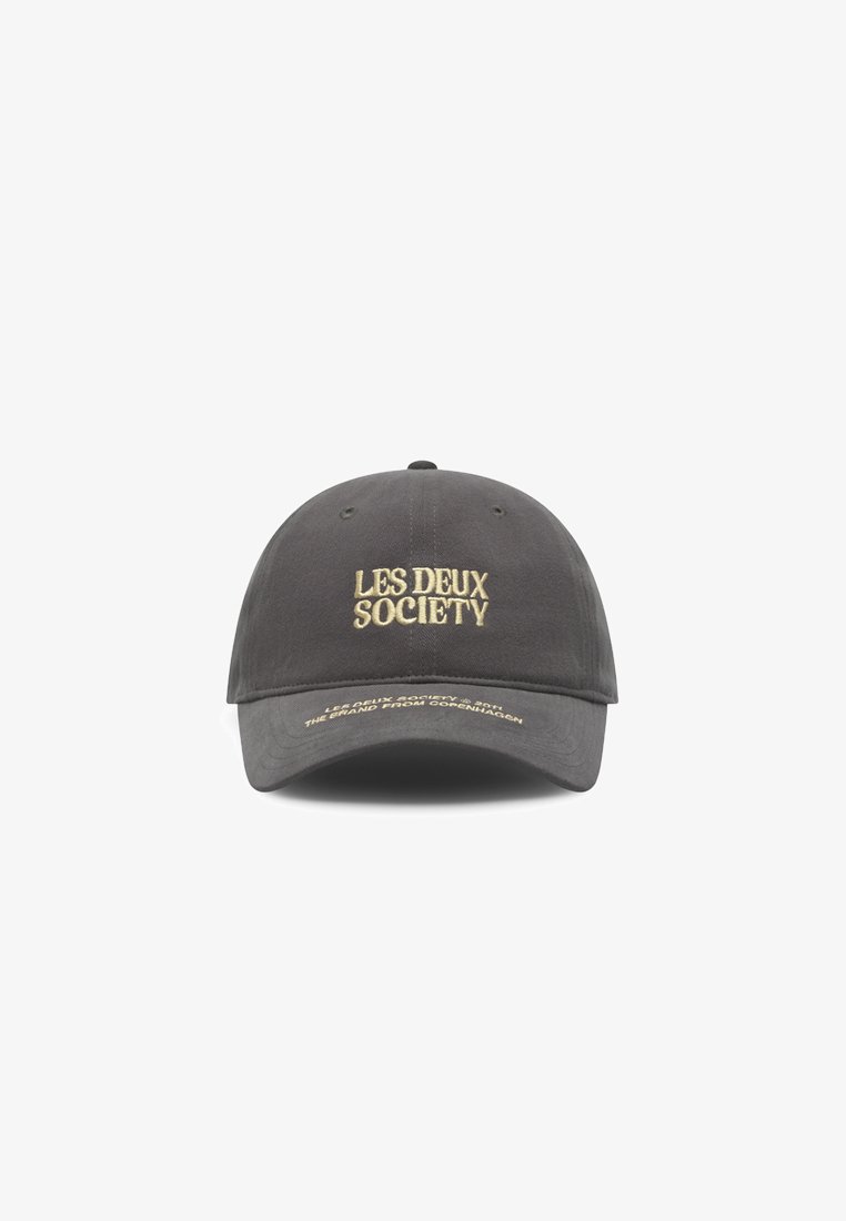 Gray cotton cap with a curved brim, featuring "LES DEUX SOCIETY" embroidered in gold on the front and additional branding on the visor.