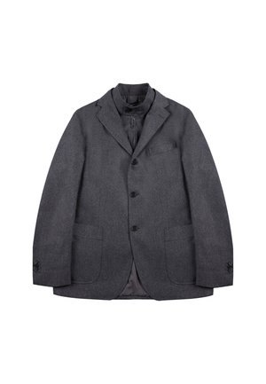 Dark gray men's blazer with notch lapels, three front buttons, two lower pockets, and a zippered inner layer with a buttoned collar.