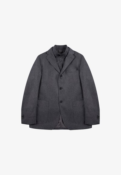 Czarnoszary męski marynarka z klapami, trzema guzikami z przodu, dwoma dolnymi kieszeniami oraz zapinaną na zamek wewnętrzną warstwą z kołnierzykiem zapinanym na guzik.