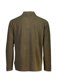 Camicia di cotone a coste verde oliva con maniche lunghe e colletto. Presenta una texture a coste verticale, taglio dritto e un retro semplice senza decorazioni.
