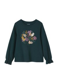 Langärmliges, dunkeltürkisfarbenes Shirt mit floralem und animalischem Design, mit gerafften Bündchen und rundem Halsausschnitt. Aus weichem Baumwollmaterial.