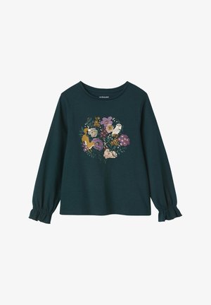 Long-sleeve dark teal shirt featuring a floral and animal design, with gathered cuffs and a rounded neckline. Soft cotton material.