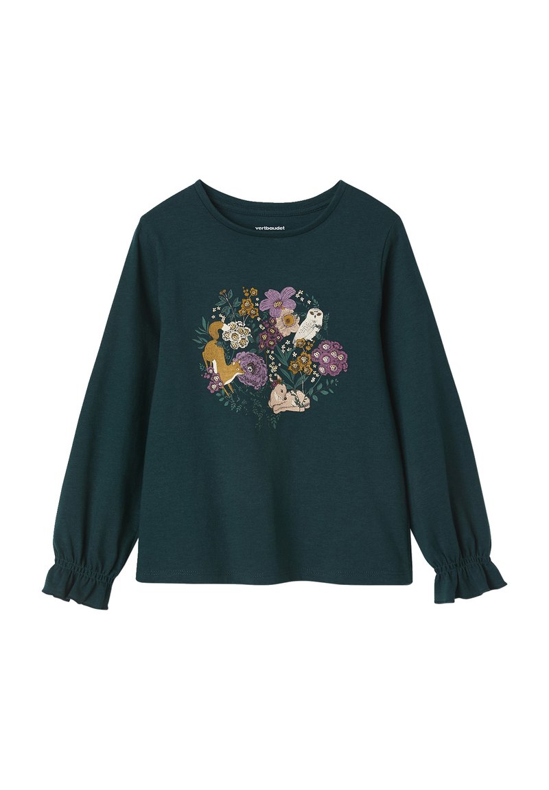 Langärmliges, dunkeltürkisfarbenes Shirt mit floralem und animalischem Design, mit gerafften Bündchen und rundem Halsausschnitt. Aus weichem Baumwollmaterial.