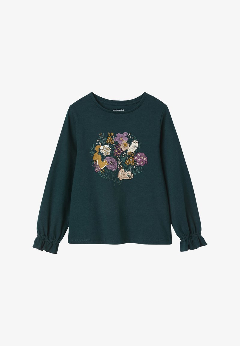 Langärmliges, dunkeltürkisfarbenes Shirt mit floralem und animalischem Design, mit gerafften Bündchen und rundem Halsausschnitt. Aus weichem Baumwollmaterial.