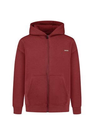 Roter Reißverschluss-Hoodie mit einer vorderen Tasche, aus weichem Stoff gefertigt. Verfügt über eine Kapuze und gerippte Bündchen; minimale Markierung auf der Brust.