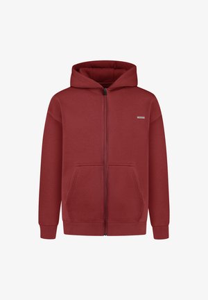Sweatshirt zippé rouge avec une poche avant, fabriqué en tissu doux. Comprend une capuche et des poignets côtelés ; branding minimal sur la poitrine.