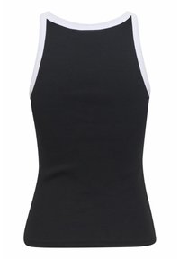 Juodas raukinis tank top'as su aptemptu dizainu, apvaliu iškirpimu ir kontrastinga balta apdaila aplink rankoves ir iškirpimą.