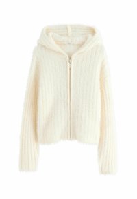 Beskaaret hvid hoodie lavet af blødt, struktureret stof med lodret ribbeting. Har lynlås og hætte.