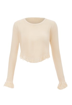 Kermakankainen ribattuja pitkähihaisen crop-top, jossa on revitty helma ja hihansuut. Pehmeä rakenne ja tiukka siluetti.