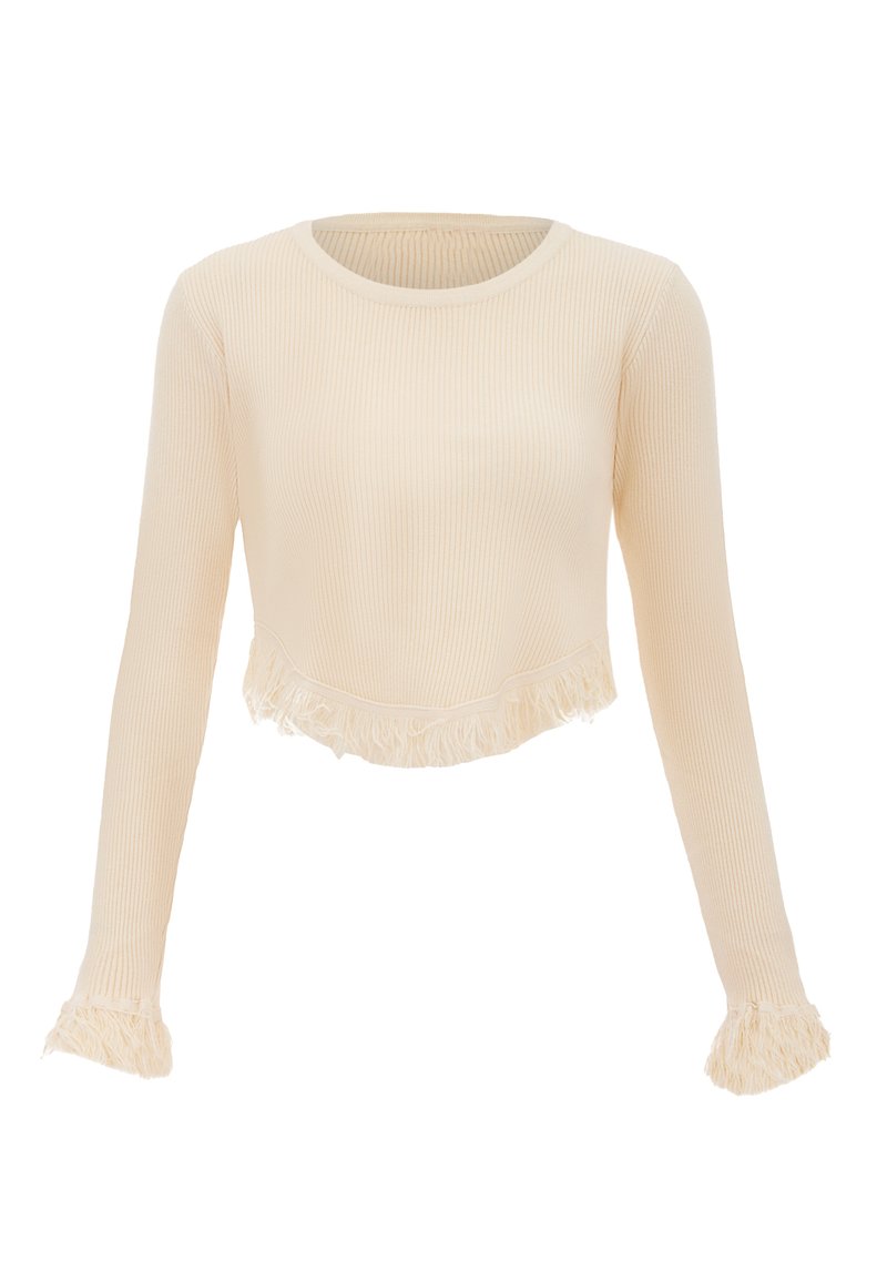 Crème ribbel langemouw crop top met rafelige zoom en mouwaccenten. Zachte textuur met een aansluitende silhouet.