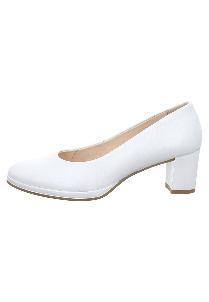 Escarpin blanc à talon haut avec un bout rond, texture lisse et un talon bloc. Présente un design minimaliste avec une semelle intérieure rembourrée.