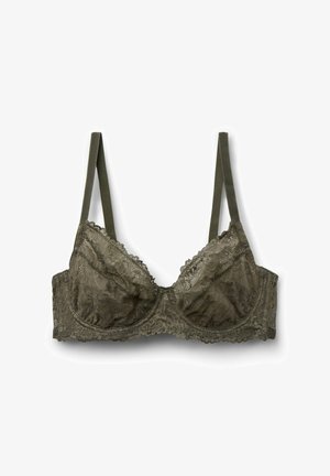 Soutien de encaje verde oliva con aros, tirantes ajustables y bordes festoneados, colocado plano sobre un fondo blanco.