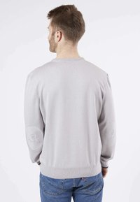 Pull en tricot gris clair avec des manches longues, des poignets et un ourlet côtelés, et un détail brodé au niveau des coudes. Porté sur un jean bleu.