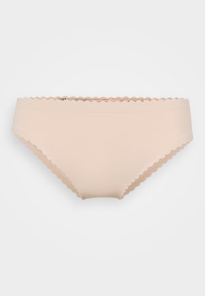 Vaalean persikan värinen puuvillabikini, jossa on sahalaitaiset reunat ja sileä pinta. Ominaisuuksiin kuuluu yksinkertainen muotoilu ja normaali hipster-leikkaus.