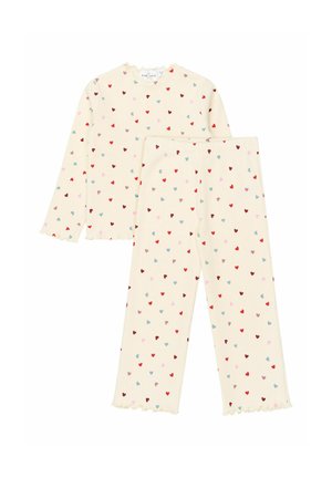 Cream-colored ribbed long-sleeve top and pants set with multicolored small heart patterns and lettuce-edge hems.