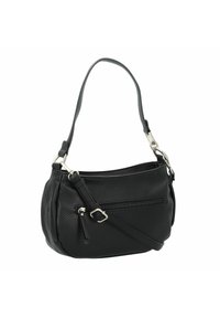 Borsa a mano in pelle nera con finitura testurizzata, una tasca principale, una tasca anteriore con zip e una tracolla rimovibile. Accenti in metallo argentato.