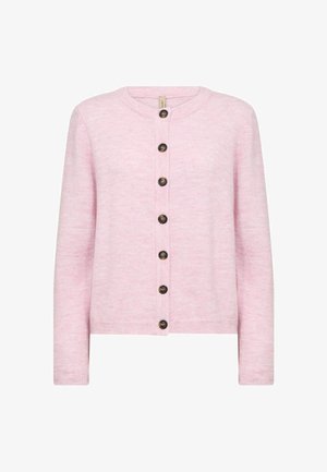 Világos rózsaszín kardigán, kerek nyakkivágással, bordás mandzsettákkal és hat sötét gombbal záródó elülső résszel. Puha kötött textúra.