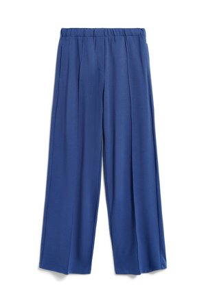 Blue wide-leg pants made of a smooth fabric, featuring a stretchy elastic waistband and front pleats for added detail.