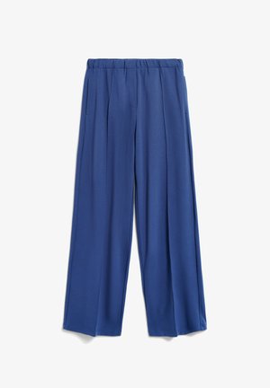 Pantalons larges bleus en tissu lisse, dotés d'une taille élastique extensible et de plis avant pour un détail supplémentaire.