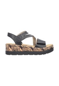 Schwarze Leder-Sandale mit einer Wedge-Sohle im Korkmuster, ausgestattet mit breiten Kreuzriemen und einem sicheren Knöchelriemen. Mit strukturierten Oberflächendetails.