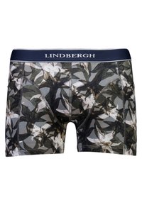 Miestne boxer briefs s tmavomodrým pásom, ktorý má zeleno-biely kvetinový vzor na svetlom pozadí a priliehavý strih.