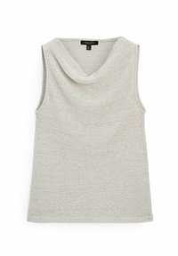 Sleeveless light gray knit top with a draped cowl neckline, tagged size medium, laid flat on a white background.