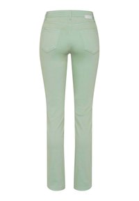 Mint green, straight-leg jeans with a smooth texture. Features two back pockets and a waistband label, no visible hardware or patterns.