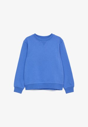 Sweat-shirt bleu à col rond avec manches longues, poignets et ourlet côtelés, et un petit détail triangulaire cousu sous le col.